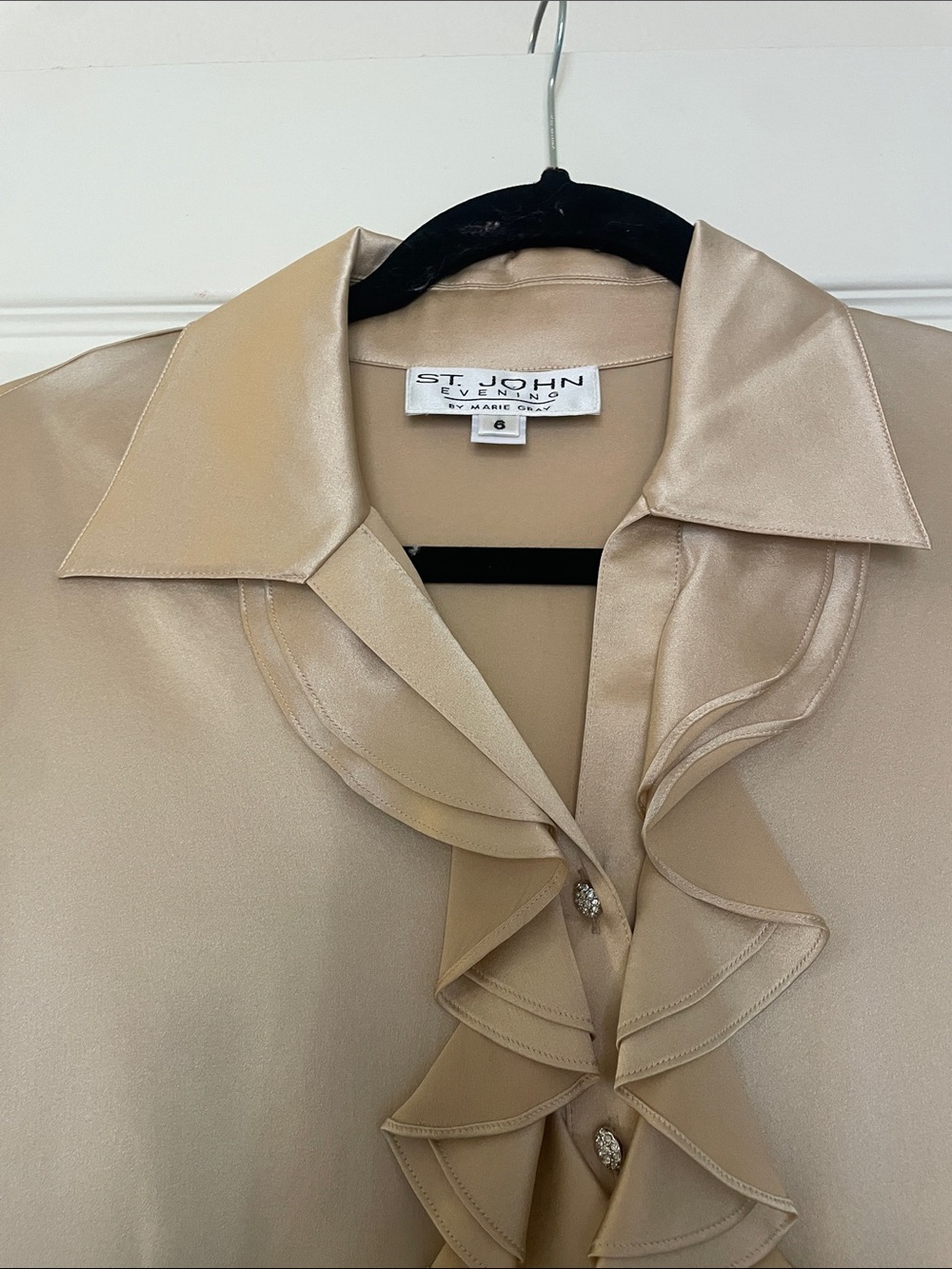 St. John Evening Champagne Satin Ruffle Shirt Blouse